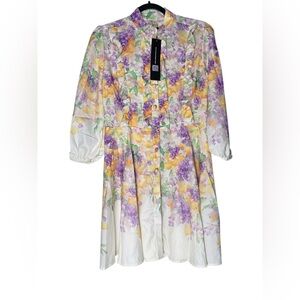 Lai Meng Five Cats Dress Medium Mini Floral Purple White Ruffle Button Front NWT